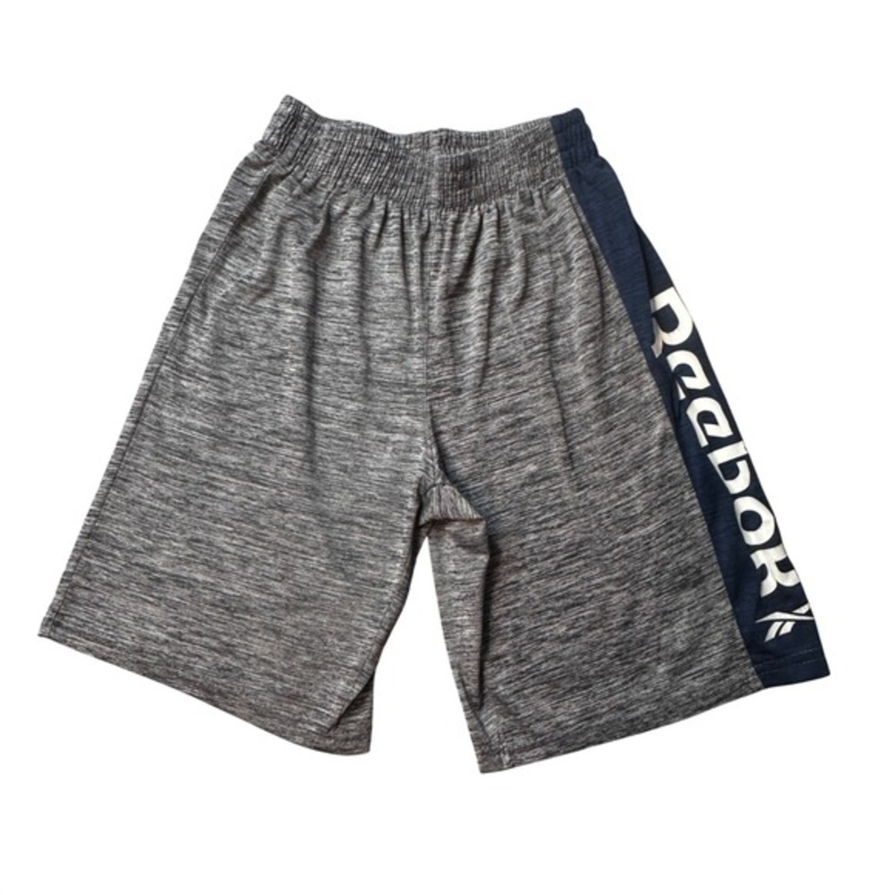 Reebok Shorts Boys Size 12 Grey Space Dye Navy Blue Logo Athletic Performance